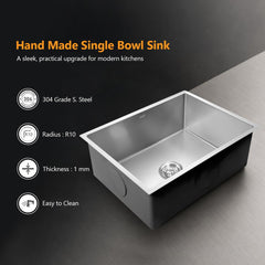 Kaff Marco Handmade Stainless Steel Kitchen Sink 24 x 18 Inch | 304 Grade SS | Satin Finish | KS610SB(R10)
