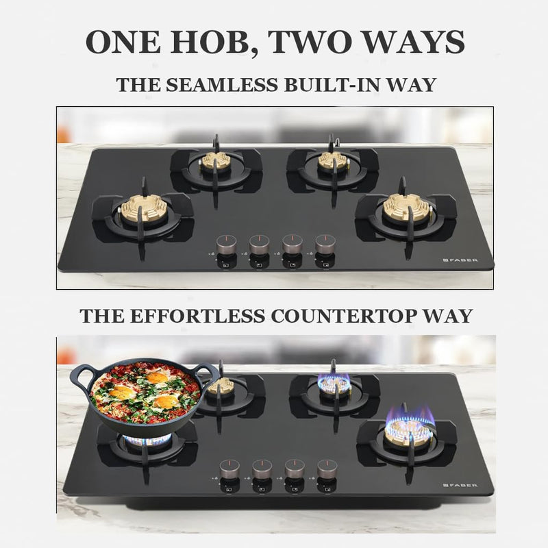Faber 4 Burner 90Cm HOB |Auto Ignition| HOB PRIME HT904 CRS BR CI AI |Metal Knobs| Cast Iron Pan Support|HOB/Cooktop Hyb