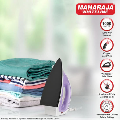 Maharaja Whiteline Plastic Sleek Dlx Dry Iron, 1000W (Pastel Violet & White), 1000 Watts