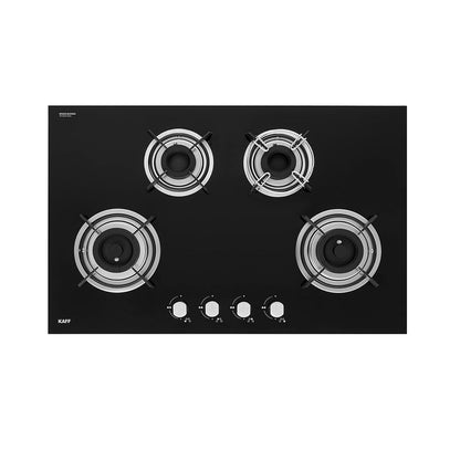 KAFF Built-in Hobs 4 Burners, Auto Electric Ignition Glass Top, 80 CM, Powerful Brass Burners, 8 MM Thick Toughened Glass, Enamelled Matt Grills (Black) | HBR 804