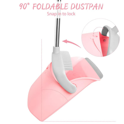 Broom and Dustpan Set, Efficient Floor Cleaning with Broom, Long Handle and Standing Dustpan with Comb Teeth, Adjustable Handle for Home Kitchen Office Lobby(Gray Pink)