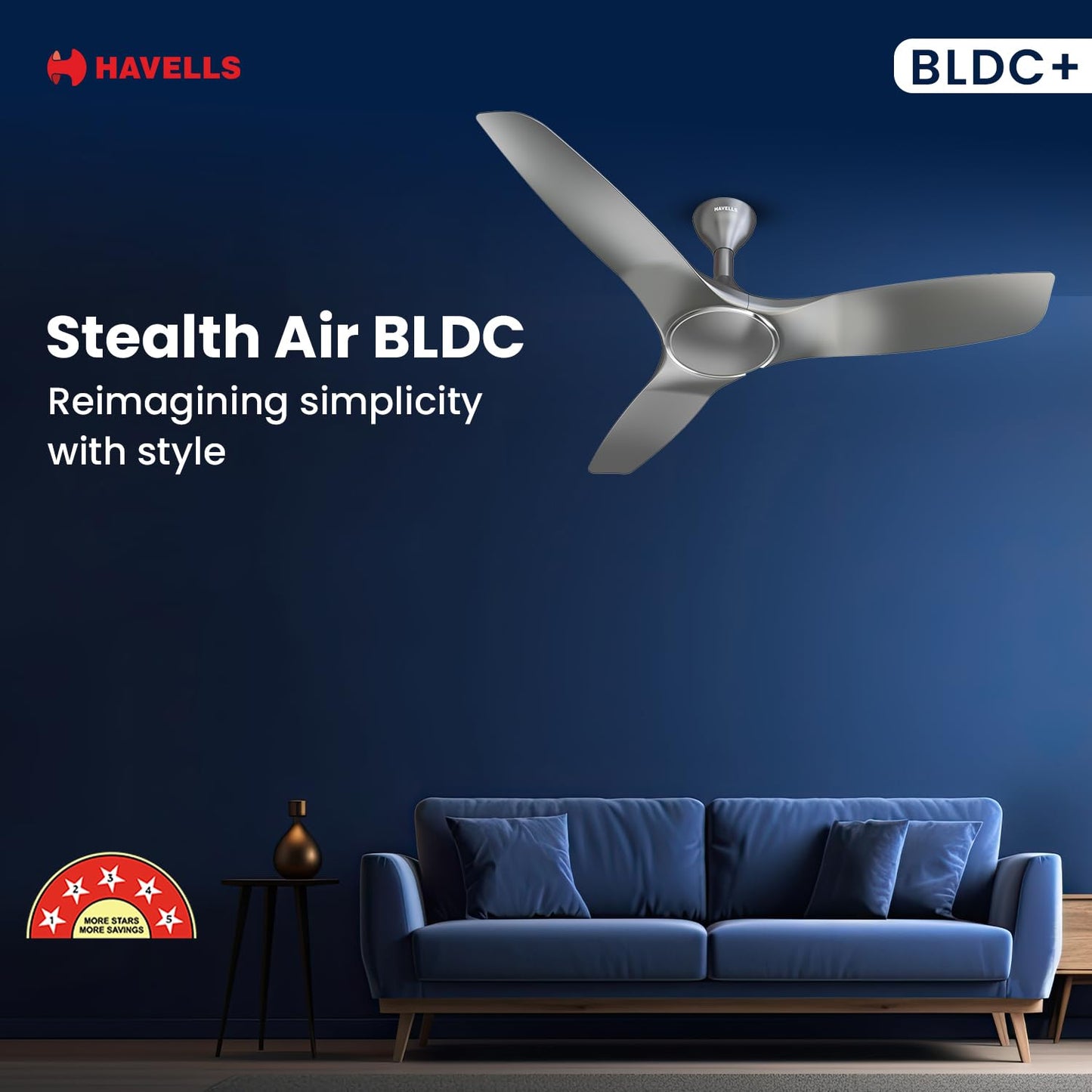 Havells 1200mm Stealth Air BLDC Motor Ceiling Fan | Remote Controlled, High Air Delivery Fan | 5 Star Rated, Upto 60% Energy Saving, 2 Year Brand Warranty | (Pack of 1, Slate)
