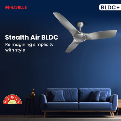 Havells 1200mm Stealth Air BLDC Motor Ceiling Fan | Remote Controlled, High Air Delivery Fan | 5 Star Rated, Upto 60% Energy Saving, 2 Year Brand Warranty | (Pack of 1, Slate)