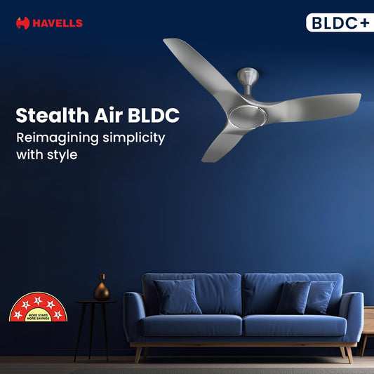Havells 1200mm Stealth Air BLDC Motor Ceiling Fan | Remote Controlled, High Air Delivery Fan | 5 Star Rated, Upto 60% Energy Saving, 2 Year Brand Warranty | (Pack of 1, Slate)