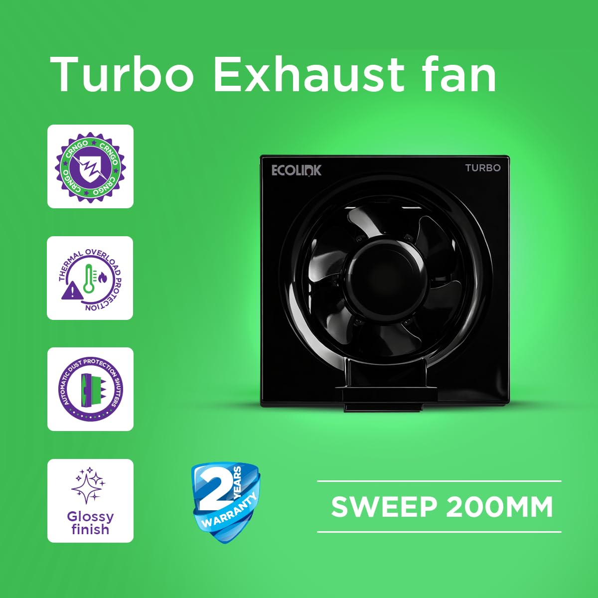 EcoLink Turbo 200 mm Exhaust Fan (Black)