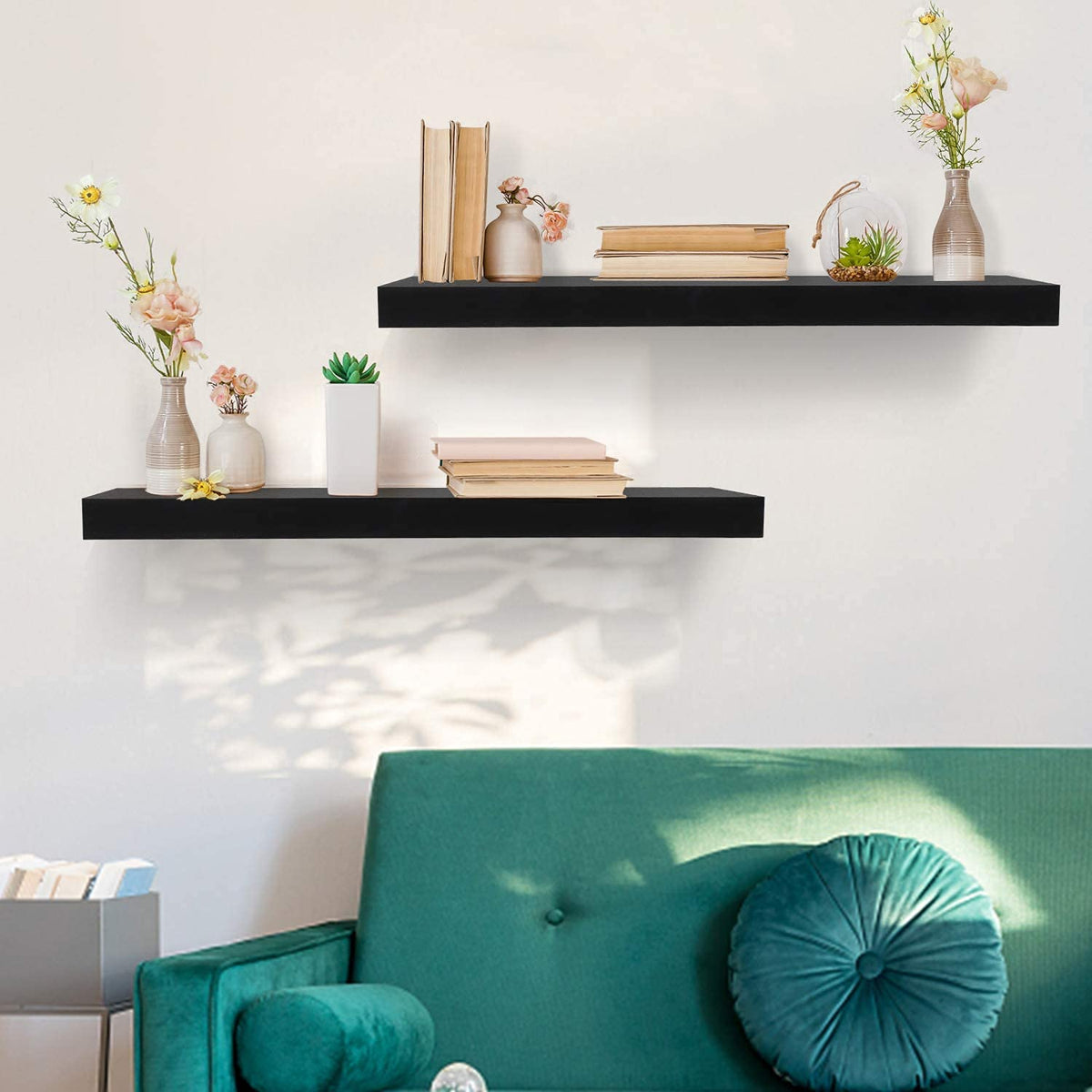 Floating Sheesham Wood Shelves 17 inch Modern Decorative Wall Shelves with Large Storage for Bedroom, Bathroom,