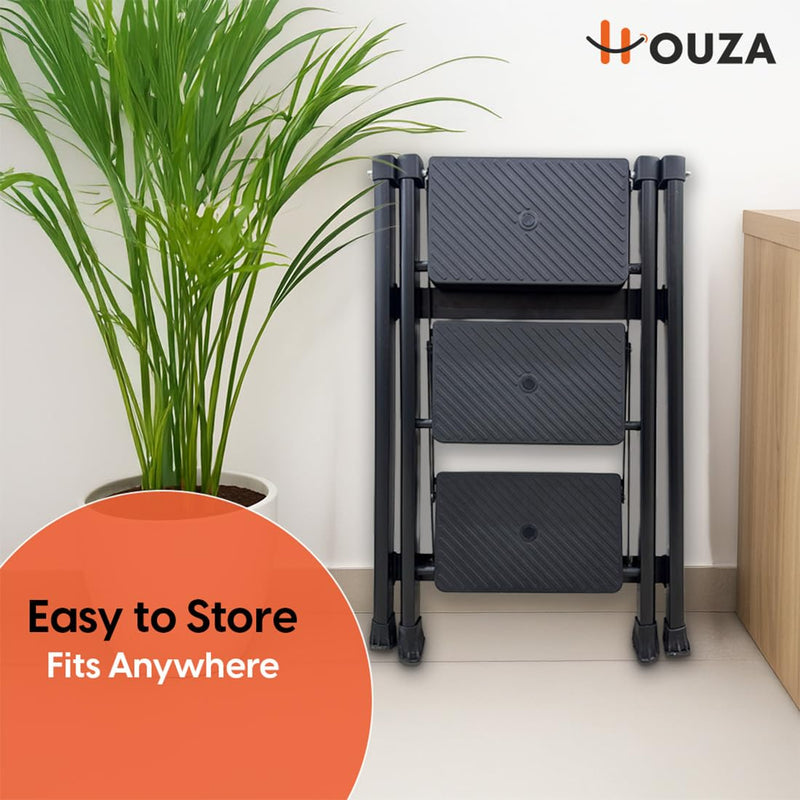 HOUZA Steel Ladder for Home 3 Steps Foldable with Anti-Skid Wide Steps (30cm x 20cm) | 3 Step Ladder for Home Use with D-Shape Rods | Secure Lock | 150 Kg Capacity Folding Ladder | 5 Year Warranty
