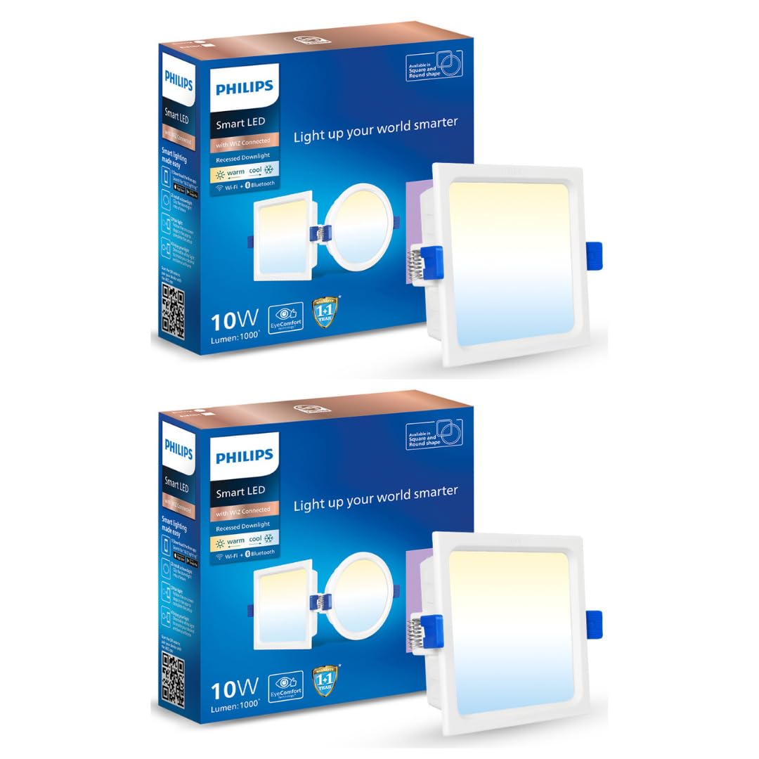 Philips 10W Square Wi-Fi Smart LED Ceiling Light for Home with Music Sync Function (Pack of 2)
