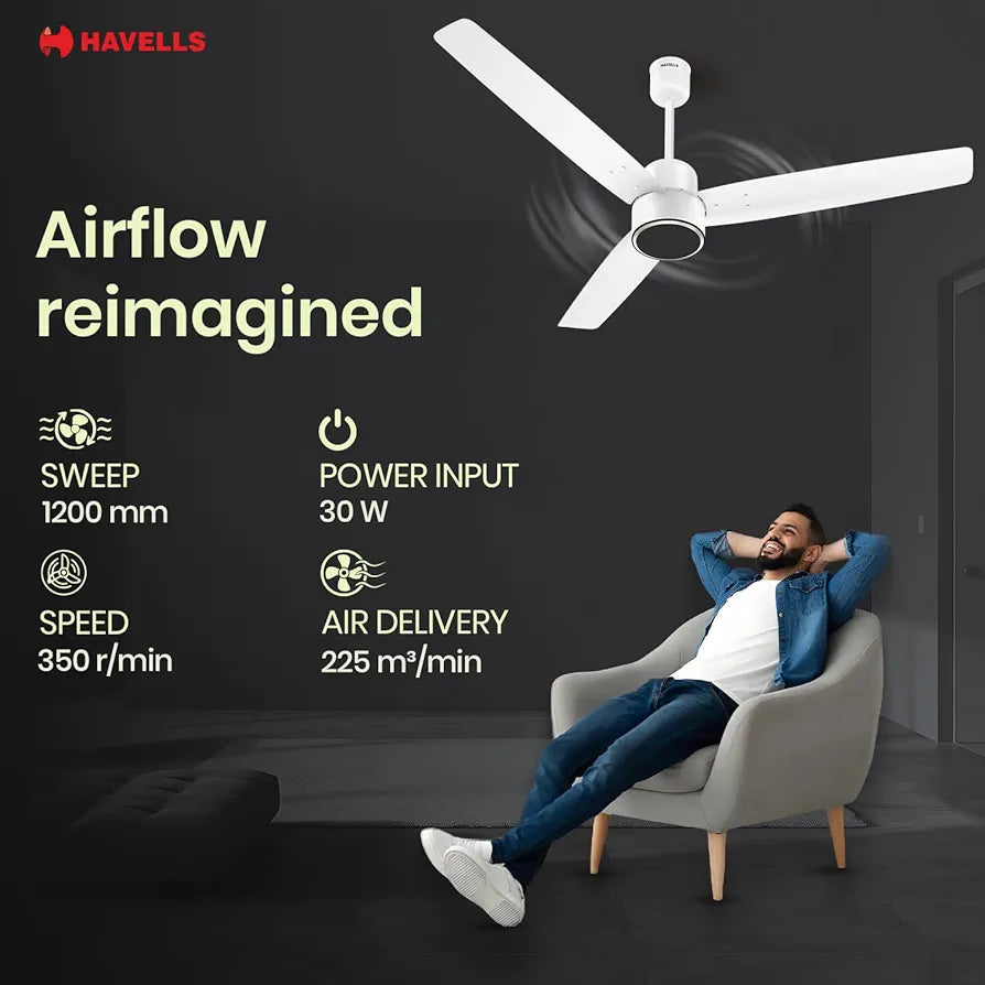 Havells FAB BLDC PRO Ceiling Fan 1200mm, 380 RPM, Savings upto 65%, Reverse Rotation, 4 Modes , Low Wattage 30W, Low Noise, Air Flow:225 CMM, 3 Year Warranty, Elegant White