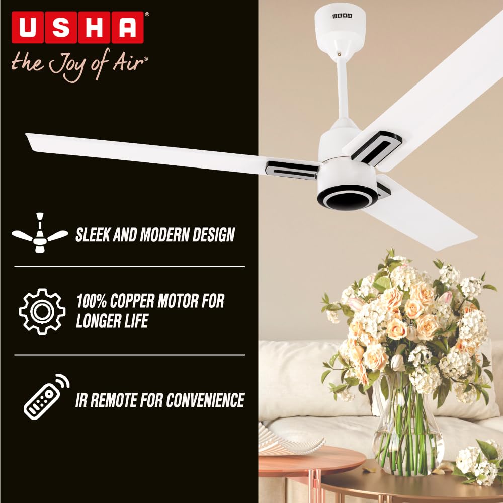 USHA AeroEdge Plus 1200mm BLDC Ceiling Fan with IR Remote | LED Indicator | BEE 5 Star Rated Energy Efficient | 100% Copper Motor | High Air Delivery 220CMM | 2 Year Warranty | (Rich White)