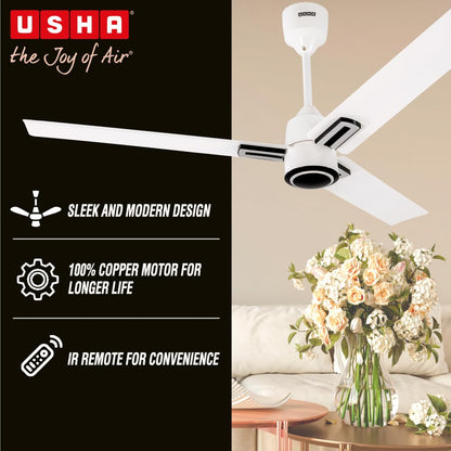 USHA AeroEdge Plus 1200mm BLDC Ceiling Fan with IR Remote | LED Indicator | BEE 5 Star Rated Energy Efficient | 100% Copper Motor | High Air Delivery 220CMM | 2 Year Warranty | (Rich White)
