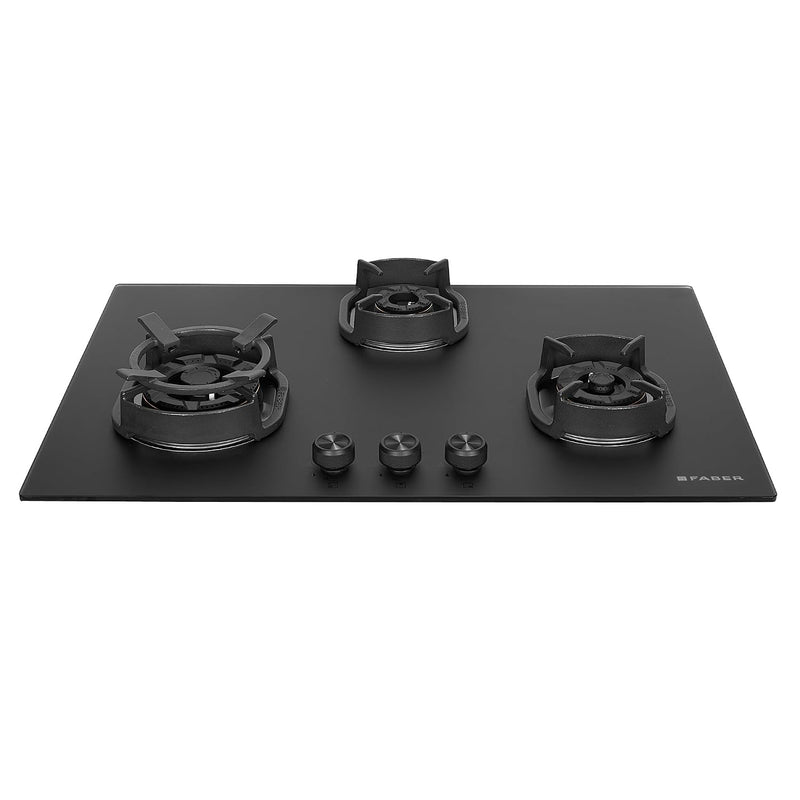 Faber Della 3 Burner 78cm Hob With Auto-Ignition, Brass Burner, Cast Iron Pan Support, Cooktop Hybrid, Matt Black Glass 