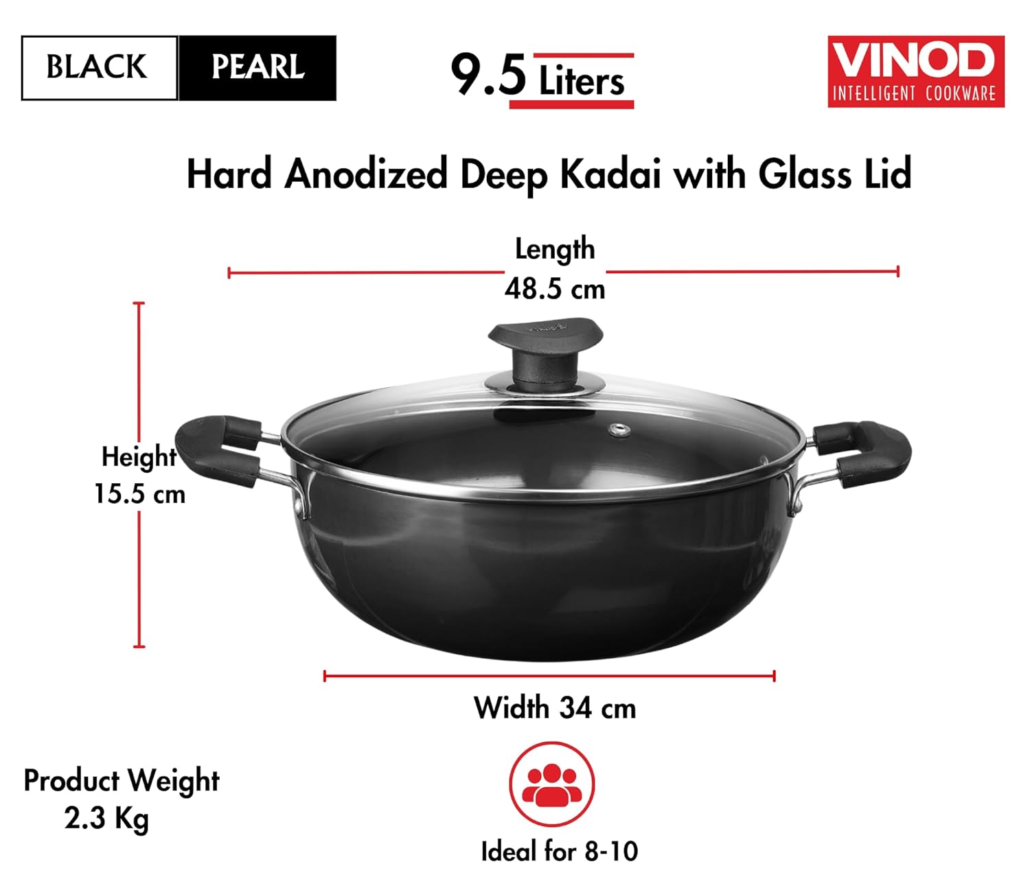 Vinod Black Pearl Hard Anodised Non Stick Deep Kadhai with Glass Lid - 9.5 LTR, 34 cm | 3.25mm Thickness | kadai for Cooking | Metal Spoon Friendly | 2 Year Warranty