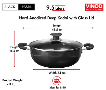 Vinod Black Pearl Hard Anodised Non Stick Deep Kadhai with Glass Lid - 9.5 LTR, 34 cm | 3.25mm Thickness | kadai for Cooking | Metal Spoon Friendly | 2 Year Warranty