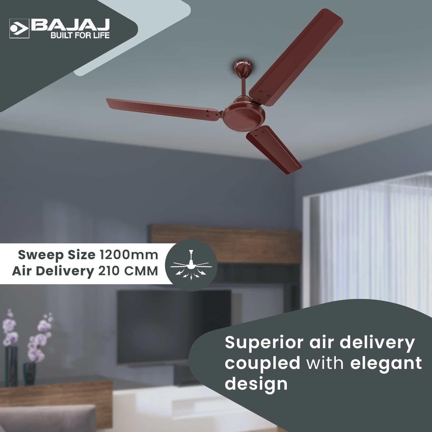 Bajaj Durato 12S1 1200MM (48") Ceiling Fans For Home | Bee Star Rated Energy Efficient Ceiling Fan | ThermaTuff Technology | High Air Delivery & High Speed 400 RPM | 3-Yrs Warranty 【Brown】