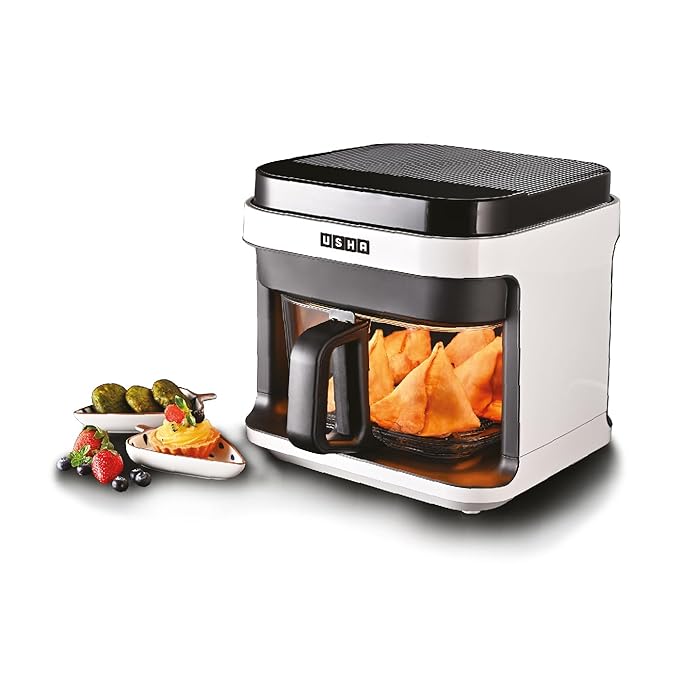 Usha iChef Smart Air Fryer 5.5L | 1200 Watt | 10 in 1 Functions | 8 Preset Menu | Turbo Air Circulation |360° View | Illuminated chamber | Oil Free Cooking | Digital display With Touch Panel (White)