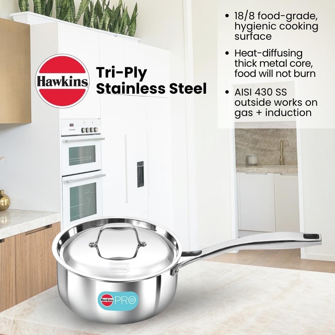 Hawkins Pro 2.5 Litre Sauce Pan, Triply Sauce Pan with Stainless Steel Handle and Stainless Steel Lid, Silver (PSSP25S)