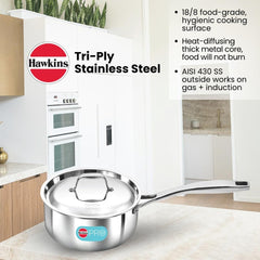Hawkins Pro 2.5 Litre Sauce Pan, Triply Sauce Pan with Stainless Steel Handle and Stainless Steel Lid, Silver (PSSP25S)