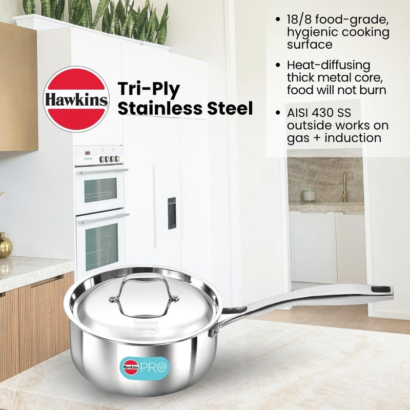 Hawkins Pro 2.5 Litre Sauce Pan, Triply Sauce Pan with Stainless Steel Handle and Stainless Steel Lid, Silver (PSSP25S)