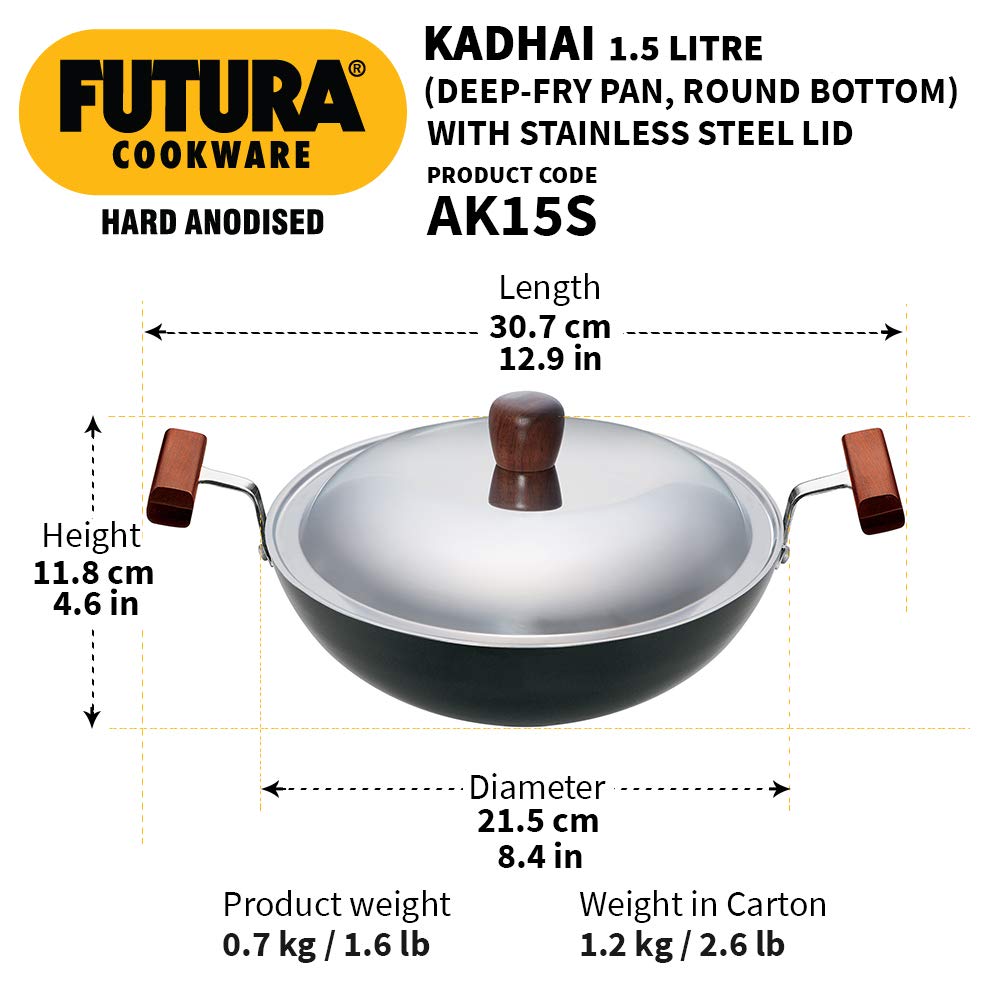 Hawkins Futura Hard Anodised Deep-Fry Pan 1.5 L, 22 cm, 3.25 mm (Kadhai) with SS lid