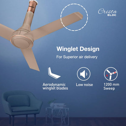 Havells 1200mm Crista Bldc Motor Ceiling Fan|Premium Finish With Rf Remote,100% Copper,Upto 60% Energy Saving|Low Noise: 55Db,2 Year Warranty,Dust Resistant|(Pack Of 1,Champagne Cola),4 stars