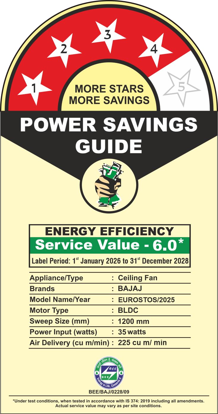 Bajaj Eurostos 1200 MM 5 Star Rated BLDC Ceiling Fans For Home | BEE Stars Rated Energy Efficient Ceiling Fan | Remote Controlled | Soothing Colour Indication | 2 Years Warranty 【White】