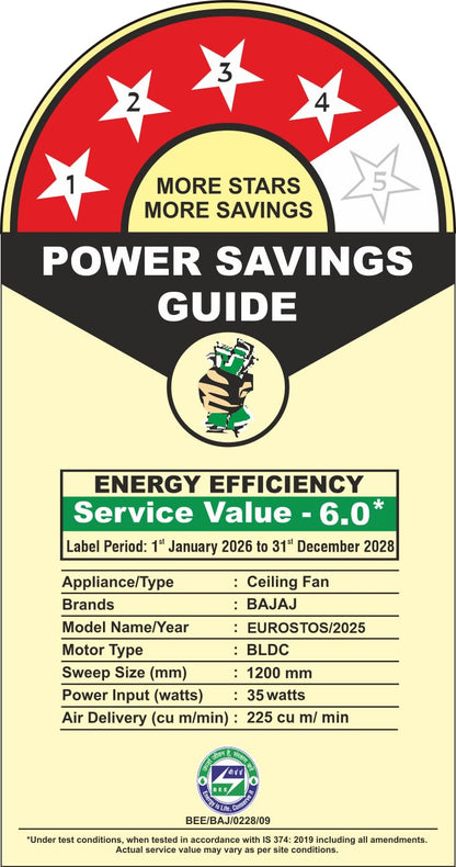 Bajaj Eurostos 1200 MM 5 Star Rated BLDC Ceiling Fans For Home | BEE Stars Rated Energy Efficient Ceiling Fan | Remote Controlled | Soothing Colour Indication | 2 Years Warranty 【White】