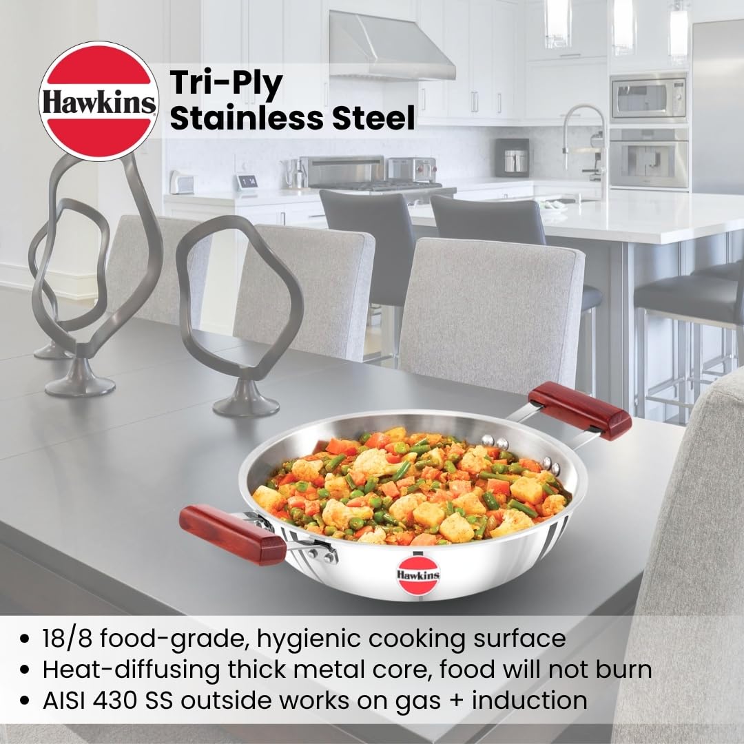 Hawkins 2.5 Litre Deep Fry Pan, Triply Stainless Steel Kadai, Flat Bottom Induction Kadhai, Silver (SSD25)