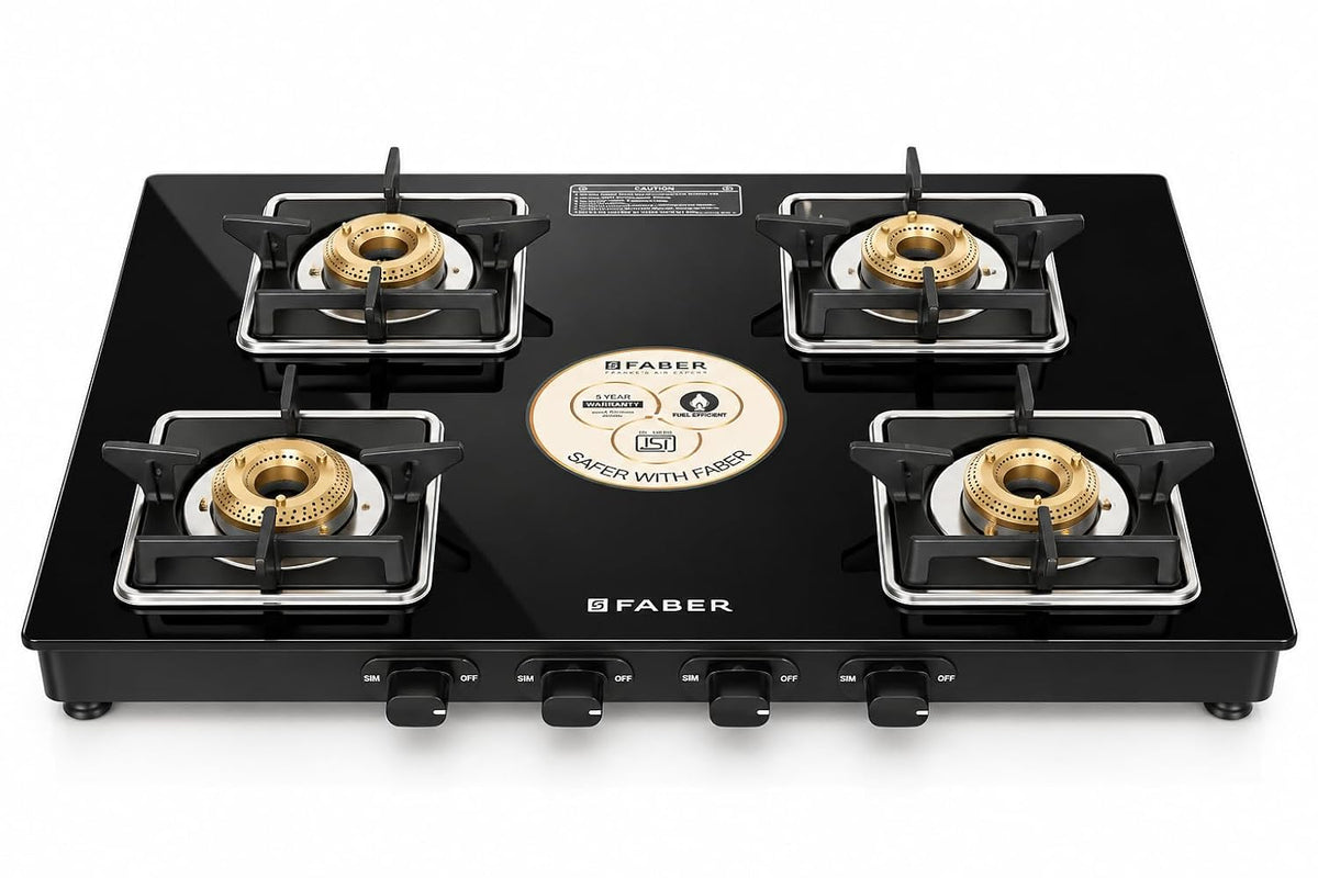 Faber Remo 4 Burner Gas Stove | 1 Jumbo + 1 Medium + 2 Small Brass Burners | Diamond Coated Pan Support | SS Drip Tray |