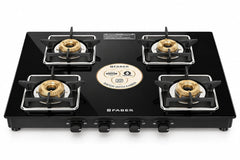 Faber Remo 4 Burner Gas Stove | 1 Jumbo + 1 Medium + 2 Small Brass Burners | Diamond Coated Pan Support | SS Drip Tray |