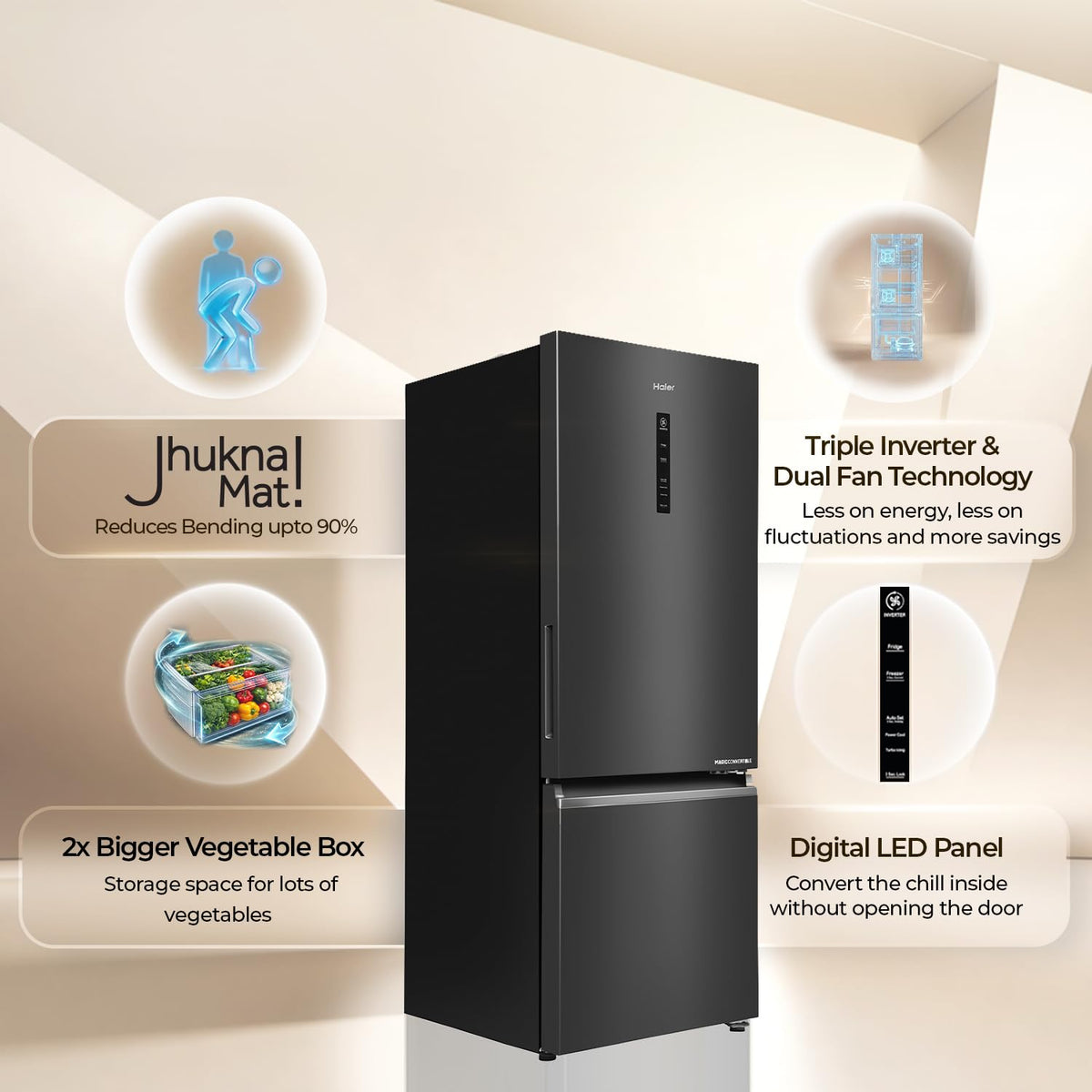 Haier 325 L 3 Star Frost Free Triple Inverter Bottom Mount Refrigerator, Digital Touch Display & 2X Bigger Fresh Storage (HEB-333GBA-P, Graphite)-3