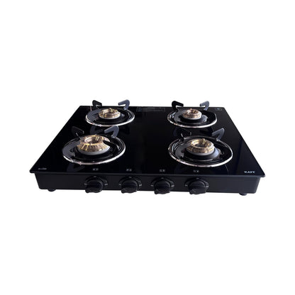 KAFF Cooktop | 4 Burners with Slim Line Design 58 CM | 1 Jumbo burner | High Efficiency Brass Burners, Black Tempered Glass | Matt Enamelled Pan Support | Black | CTRJ58-4B