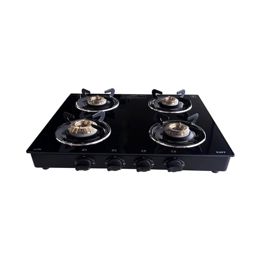 KAFF Cooktop | 4 Burners with Slim Line Design 58 CM | 1 Jumbo burner | High Efficiency Brass Burners, Black Tempered Glass | Matt Enamelled Pan Support | Black | CTRJ58-4B