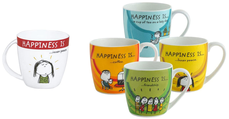 Clay Craft - Happiness is Ceramic Coffee Mugs Alton, Set of 4, 240ml Happiness is Ceramic Mini Snack Plates, Set of 4, 5", Multicolour
