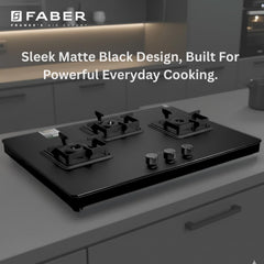 Faber Evoke 3 Burner 65Cm Cooktop |Auto Ignition| |Metal Knobs| MS Diamond coated Pan Support | Matt Black Glass Finish 