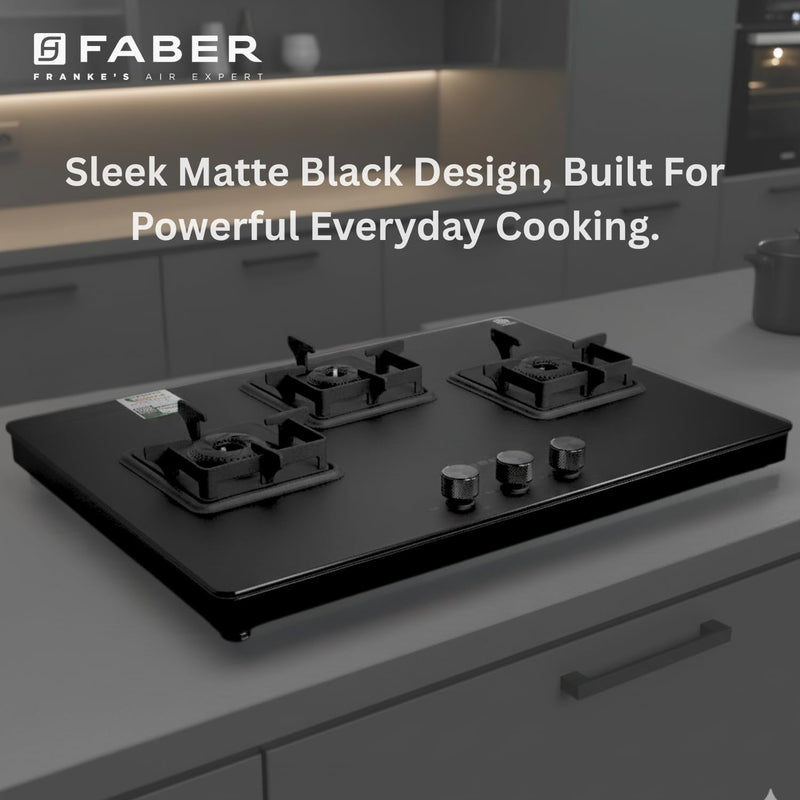Faber Evoke 3 Burner 65Cm Cooktop |Auto Ignition| |Metal Knobs| MS Diamond coated Pan Support | Matt Black Glass Finish 