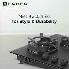 Faber Della 4 Burner 72cm Hob |Auto-Ignition|Brass Burner| Cast Iron Pan Support |Hob/Cooktop Hybrid| Matt Black Glass F