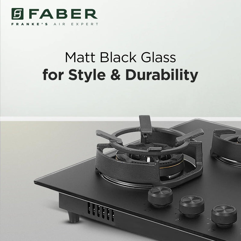 Faber Della 4 Burner 72cm Hob |Auto-Ignition|Brass Burner| Cast Iron Pan Support |Hob/Cooktop Hybrid| Matt Black Glass F