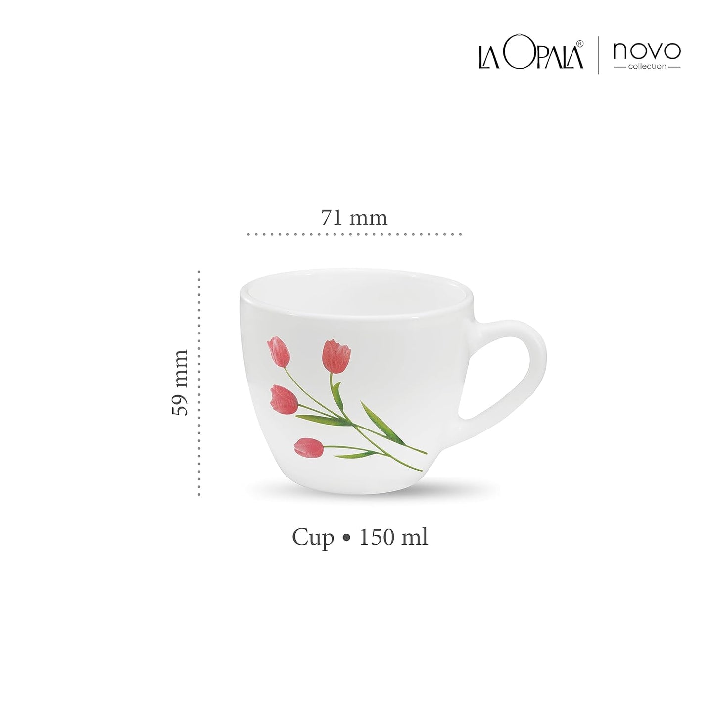 La Opala, Novo Collection Opal Glass Crockery | Cup Lily, Set of 6 | Radiant Curves, 150 ml | for Tea & Coffee | Microwave Safe | 100% Vegetarian | Toughened Extra Strong | Super Light | Super White