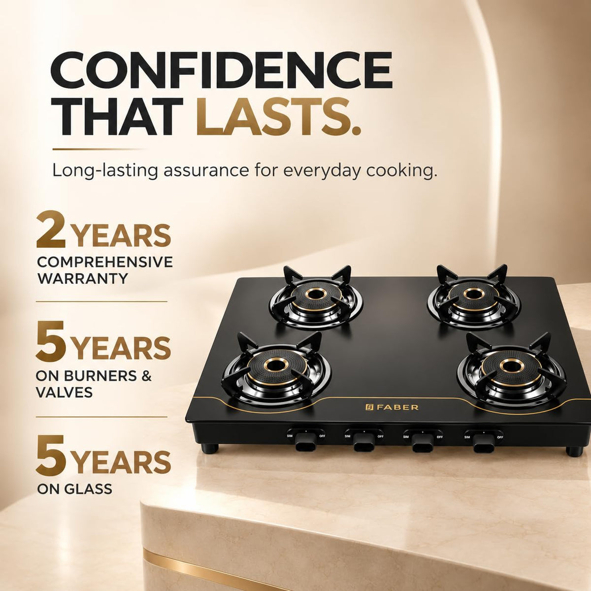 Faber 4 Burner 69cm Cooktop| 2 Jumbo + 1 Medium + 1 small Brass Burners| Designer Matt Black Glass Finish|ABS Knobs|5 Yr