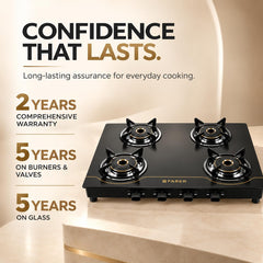 Faber 4 Burner 69cm Cooktop| 2 Jumbo + 1 Medium + 1 small Brass Burners| Designer Matt Black Glass Finish|ABS Knobs|5 Yr