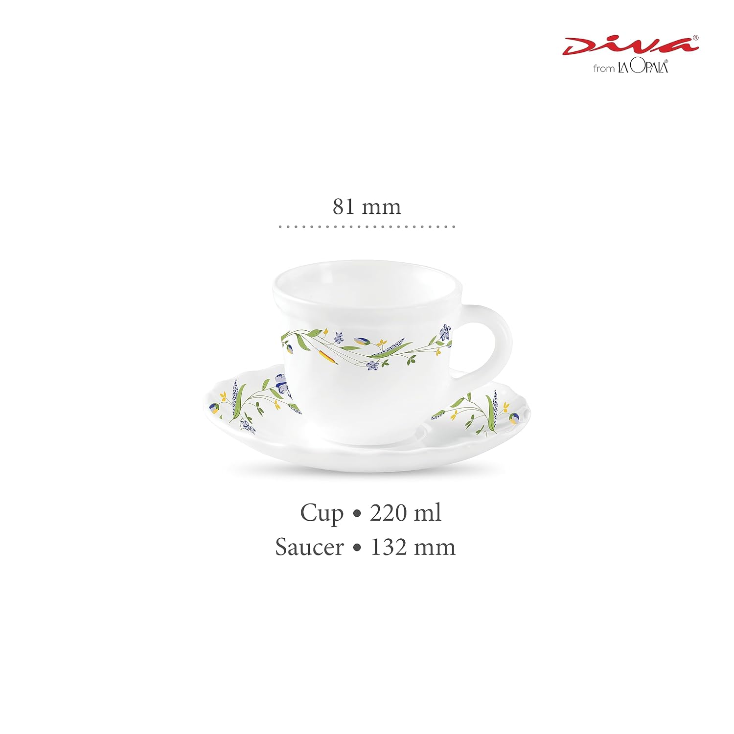 La Opala Diva, Opal Glass Crockery | Cup & Saucer Tulip Large, Set of 12 | Morning Glory, 220 ml | for Tea & Coffee | Microwave Safe | 100% Vegetarian | Extra Strong | Super Light | Super White