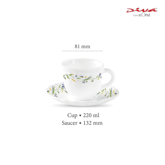 La Opala Diva, Opal Glass Crockery | Cup & Saucer Tulip Large, Set of 12 | Morning Glory, 220 ml | for Tea & Coffee | Microwave Safe | 100% Vegetarian | Extra Strong | Super Light | Super White