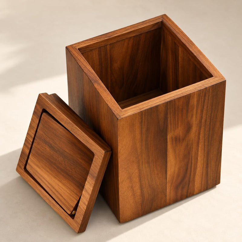 Solid Wood Trash Bin – Rustic Wooden Dustbin for Bathroom, Kitchen, Office, Living Room – Compact Waste Basket 