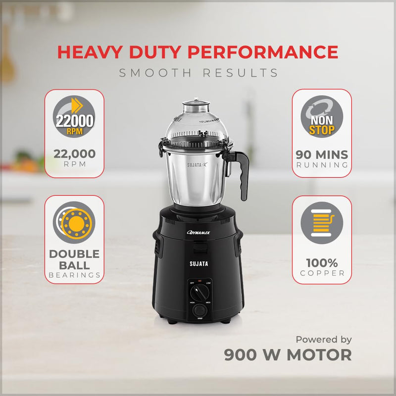 Sujata Dynamix Mixer Grinder|900 Watts Double Ball Bearing Motor|22000 RPM|Non-Stop 90 Mins Running|3 Food Grade Steel Jars - 1500ml Multipurpose, 1000ml Grinder, 500ml Chutney Jar|Black