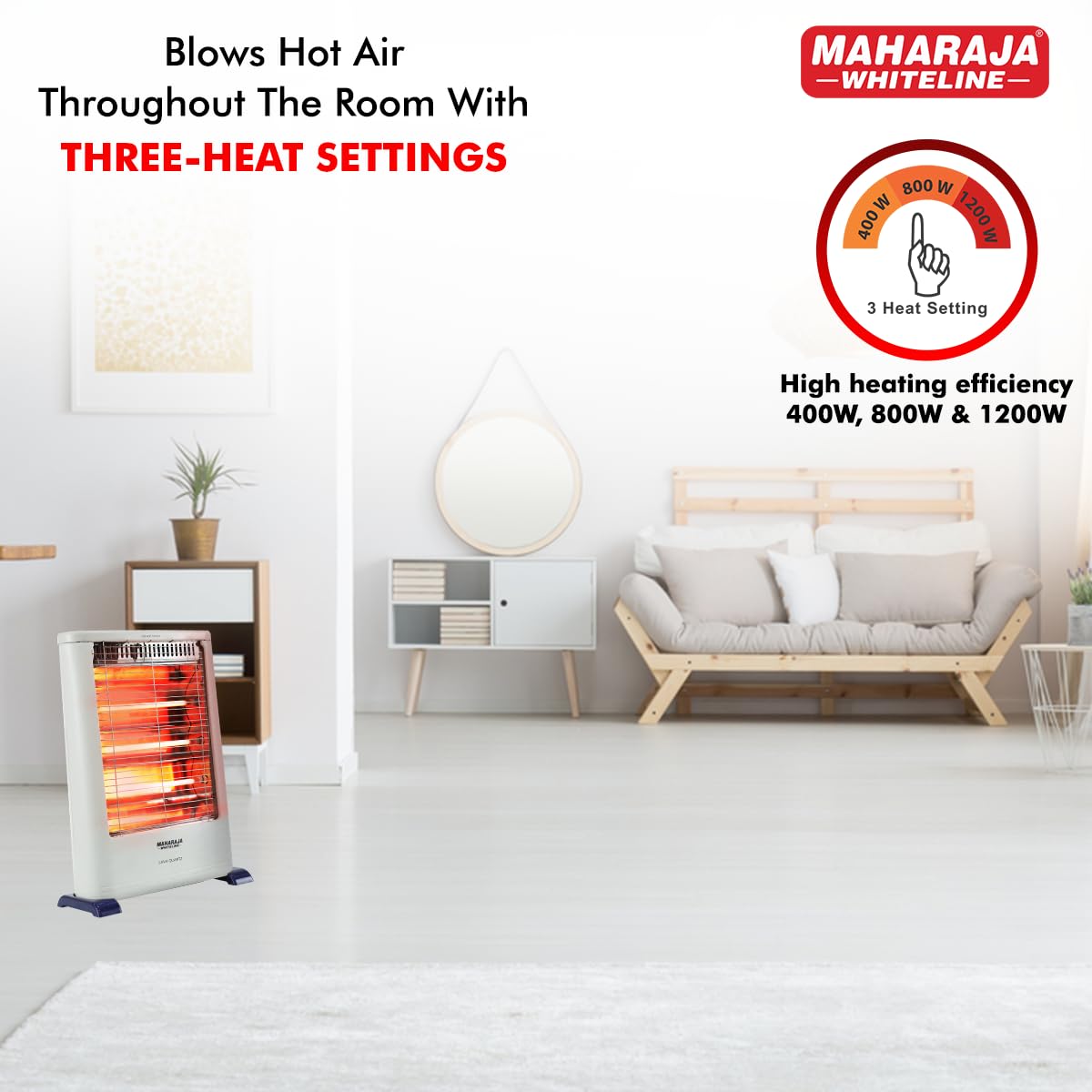 Maharaja Whiteline Lava Quartz Adjustable Room Heater, 3 Quartz Heating Elements, 1200 watt - 1 Year Warranty (White)