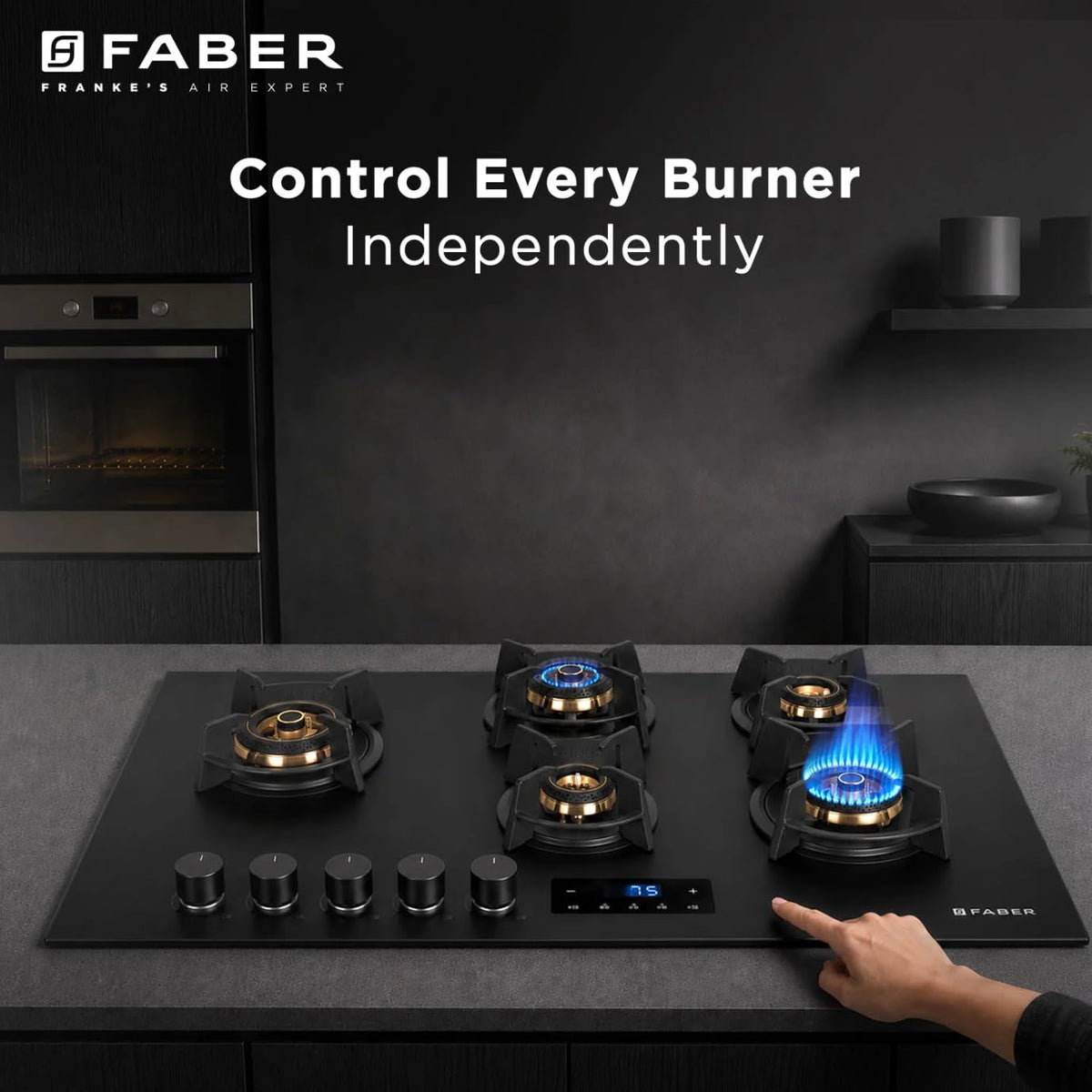 Faber 5 Burner 90Cm Hybrid HOB| Multiple Timer & Power Level Display |3.6Kw Brass Burner|Free Installation|2 Years Compr