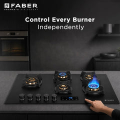 Faber 5 Burner 90Cm Hybrid HOB| Multiple Timer & Power Level Display |3.6Kw Brass Burner|Free Installation|2 Years Compr