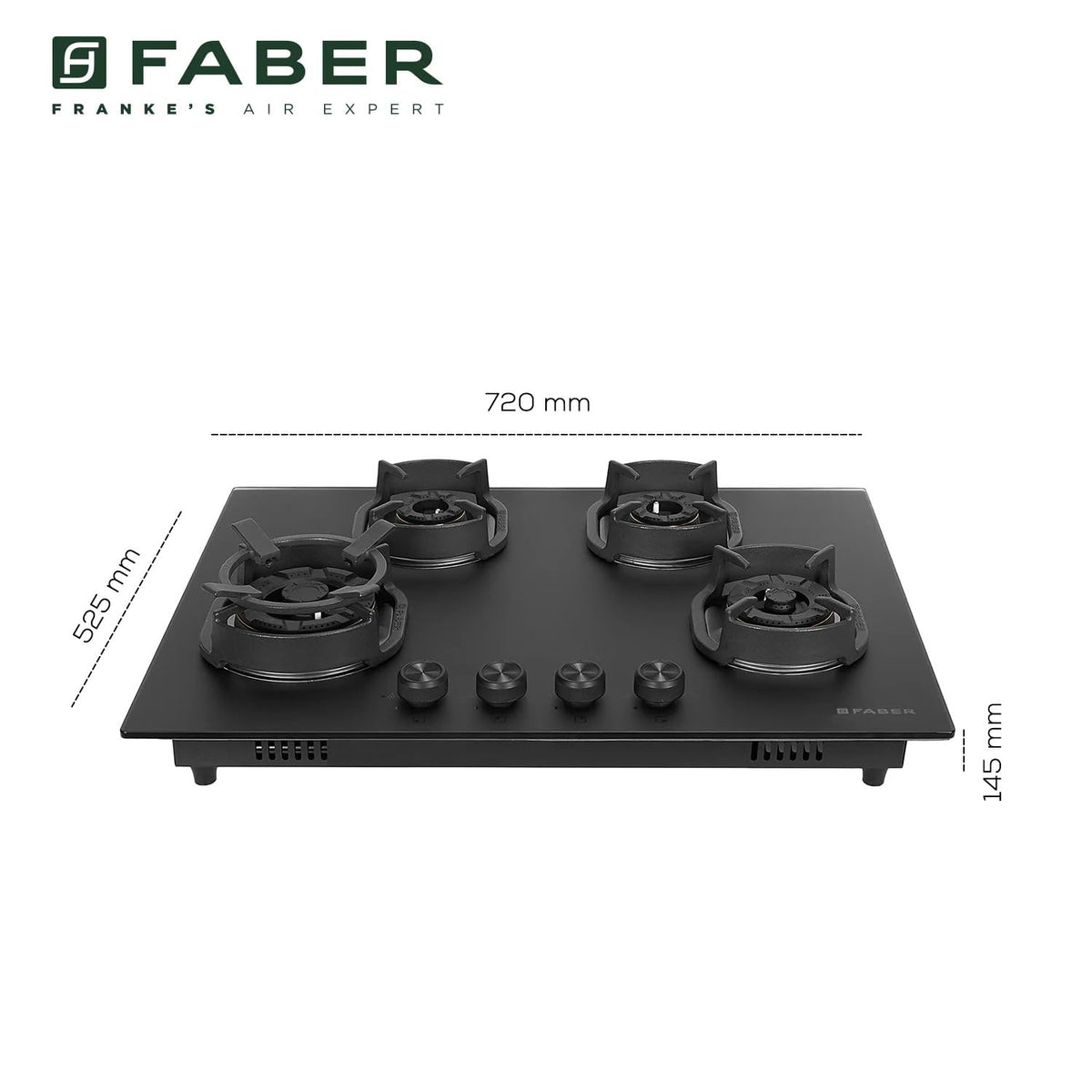 Faber Della 4 Burner 72cm Hob |Auto-Ignition|Brass Burner| Cast Iron Pan Support |Hob/Cooktop Hybrid| Matt Black Glass F