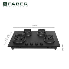 Faber Della 4 Burner 72cm Hob |Auto-Ignition|Brass Burner| Cast Iron Pan Support |Hob/Cooktop Hybrid| Matt Black Glass F